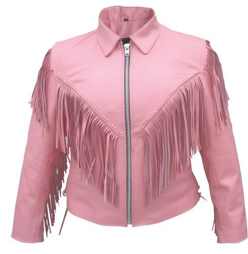 (image for) Ladies pink Cowhide Leather jacket braided with fringe